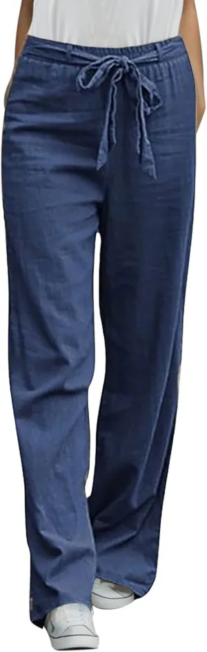 2024 Spring Pants Trendy Women High Waisted Pants Summer Linen Trouser Drawstring Elastic Waist Pull On Sweatpants