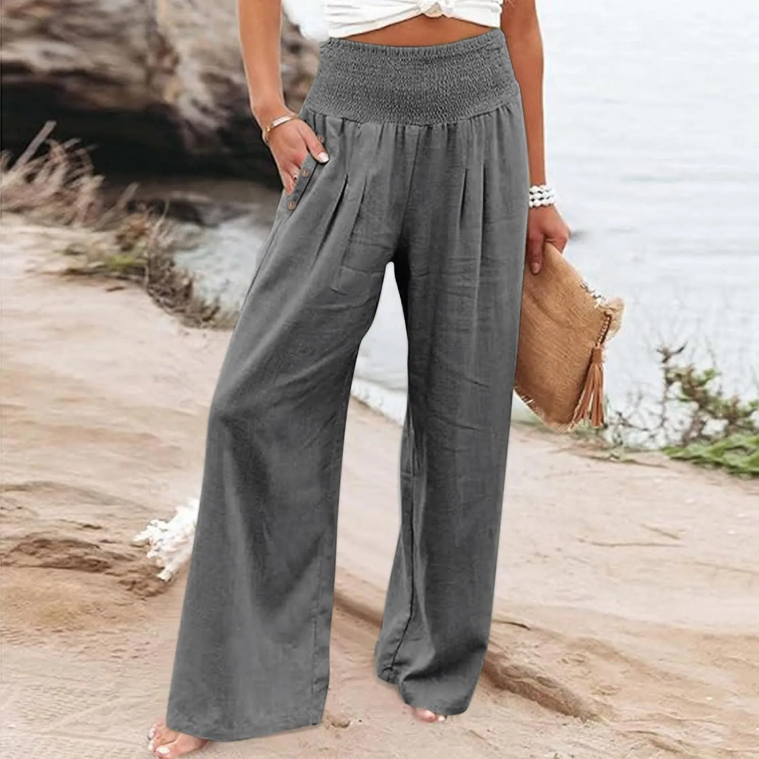 2025 Women Cotton Linen Smocked High Waist Pants Solid Wide Leg Long Pant Casual Lounge Trousers with Pockets