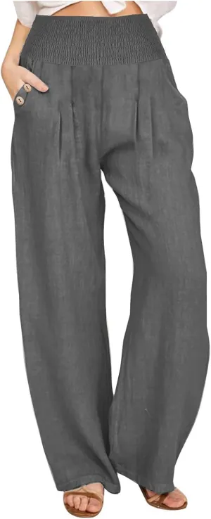 2025 Women Cotton Linen Smocked High Waist Pants Solid Wide Leg Long Pant Casual Lounge Trousers with Pockets