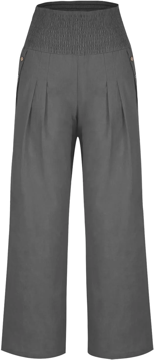 2025 Women Cotton Linen Smocked High Waist Pants Solid Wide Leg Long Pant Casual Lounge Trousers with Pockets