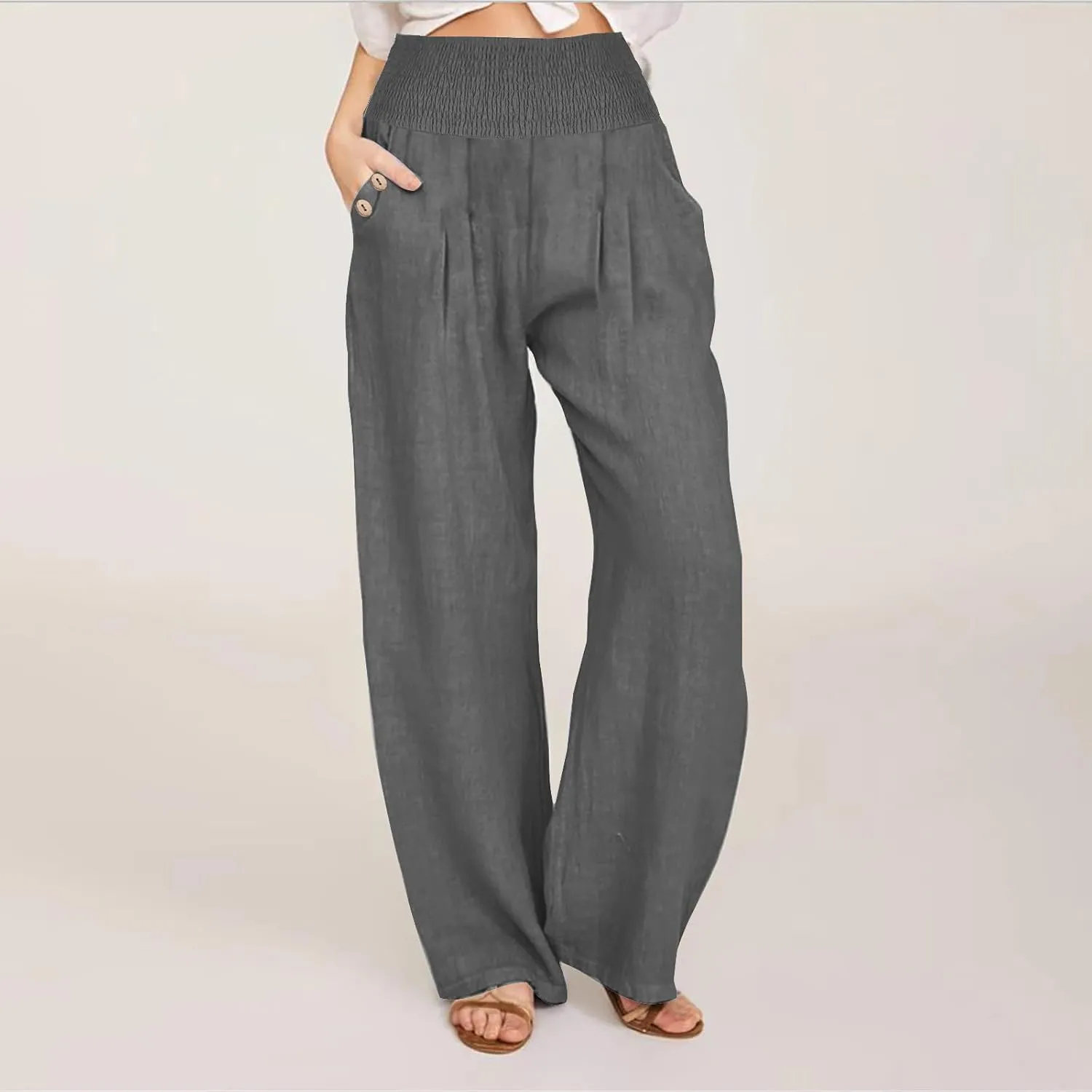 2025 Women Cotton Linen Smocked High Waist Pants Solid Wide Leg Long Pant Casual Lounge Trousers with Pockets