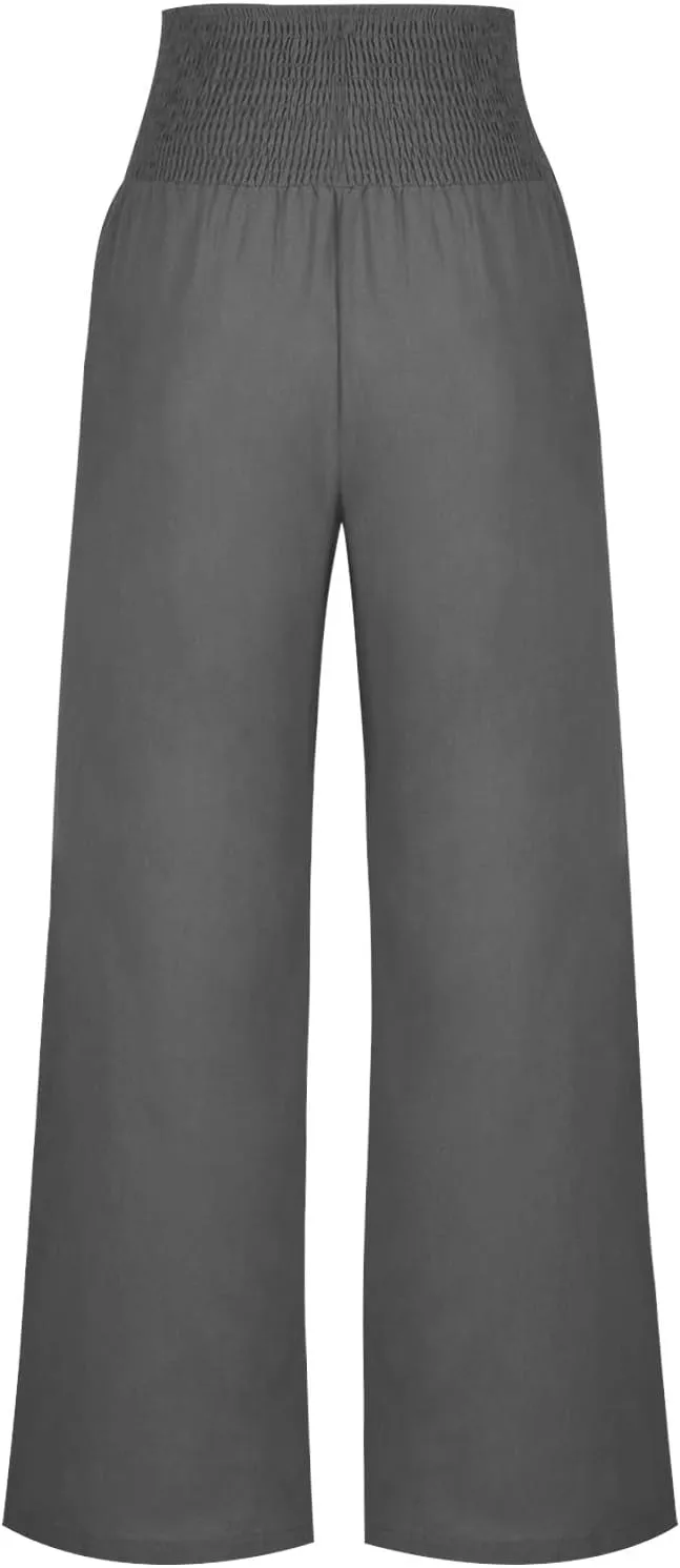 2025 Women Cotton Linen Smocked High Waist Pants Solid Wide Leg Long Pant Casual Lounge Trousers with Pockets