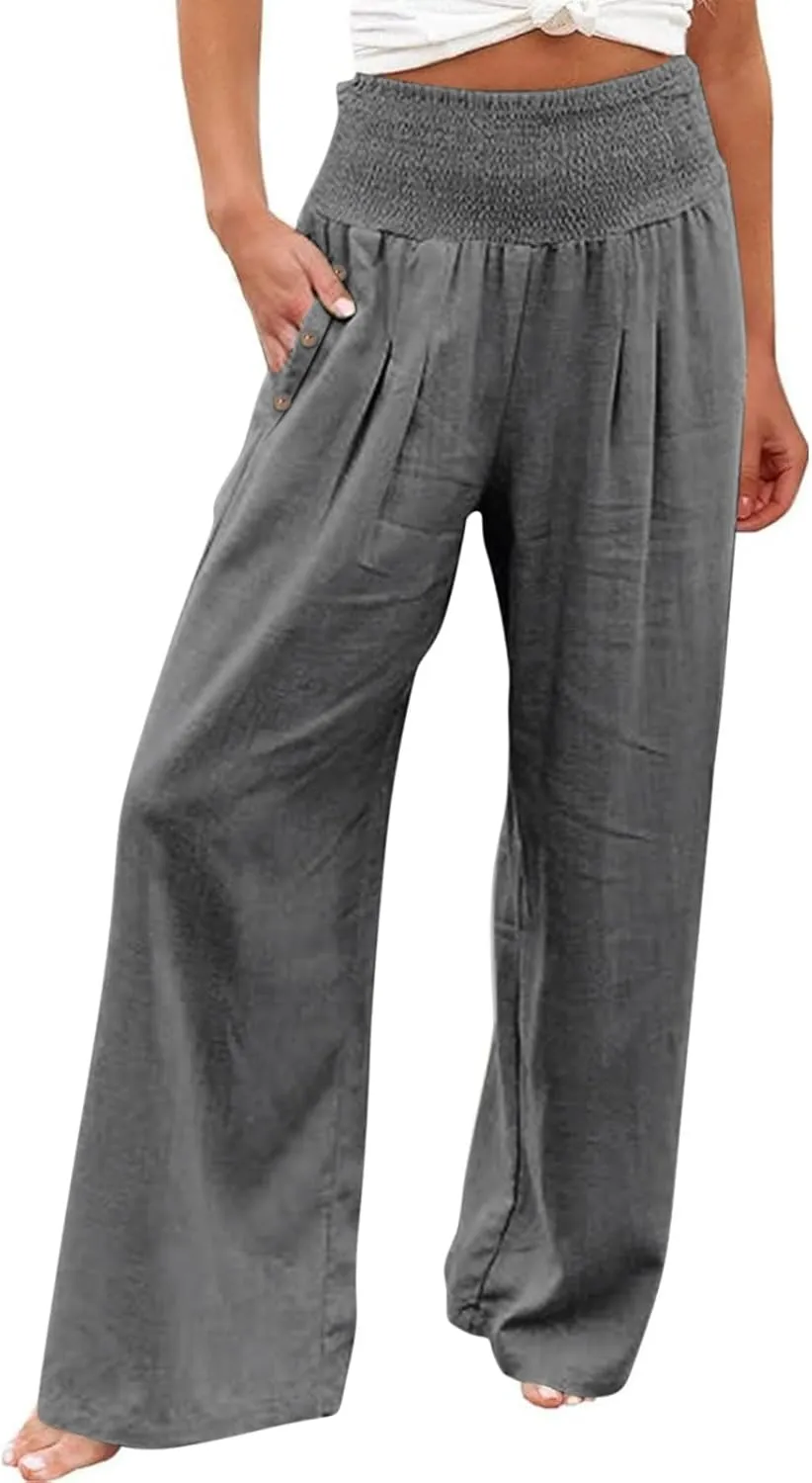 2025 Women Cotton Linen Smocked High Waist Pants Solid Wide Leg Long Pant Casual Lounge Trousers with Pockets