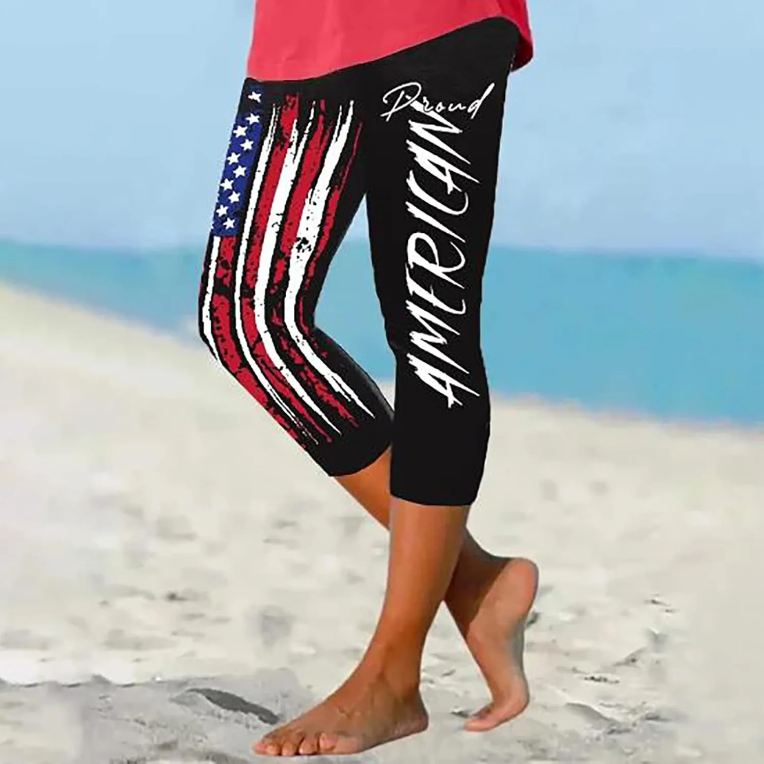 4th of July Capri Leggings for Women 2025 Summer High Waist Pant Tummy Control Knee Length Slim Fit Yoga Cropped Trouser