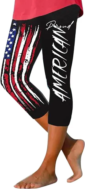 4th of July Capri Leggings for Women 2025 Summer High Waist Pant Tummy Control Knee Length Slim Fit Yoga Cropped Trouser