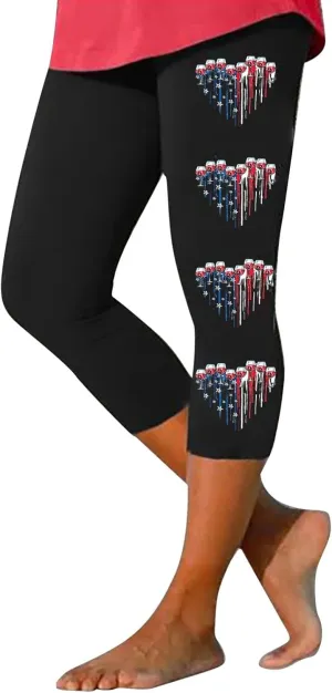 4th of July Capri Leggings for Women Summer High Waist American Flag Yoga Pants Patriotic Cropped Trousers