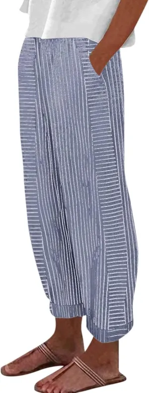 Beach Vacation Clothes for Women Elastic Waist Side Back Four Pockets 9/10 Pants Petite Summer Beachwear
