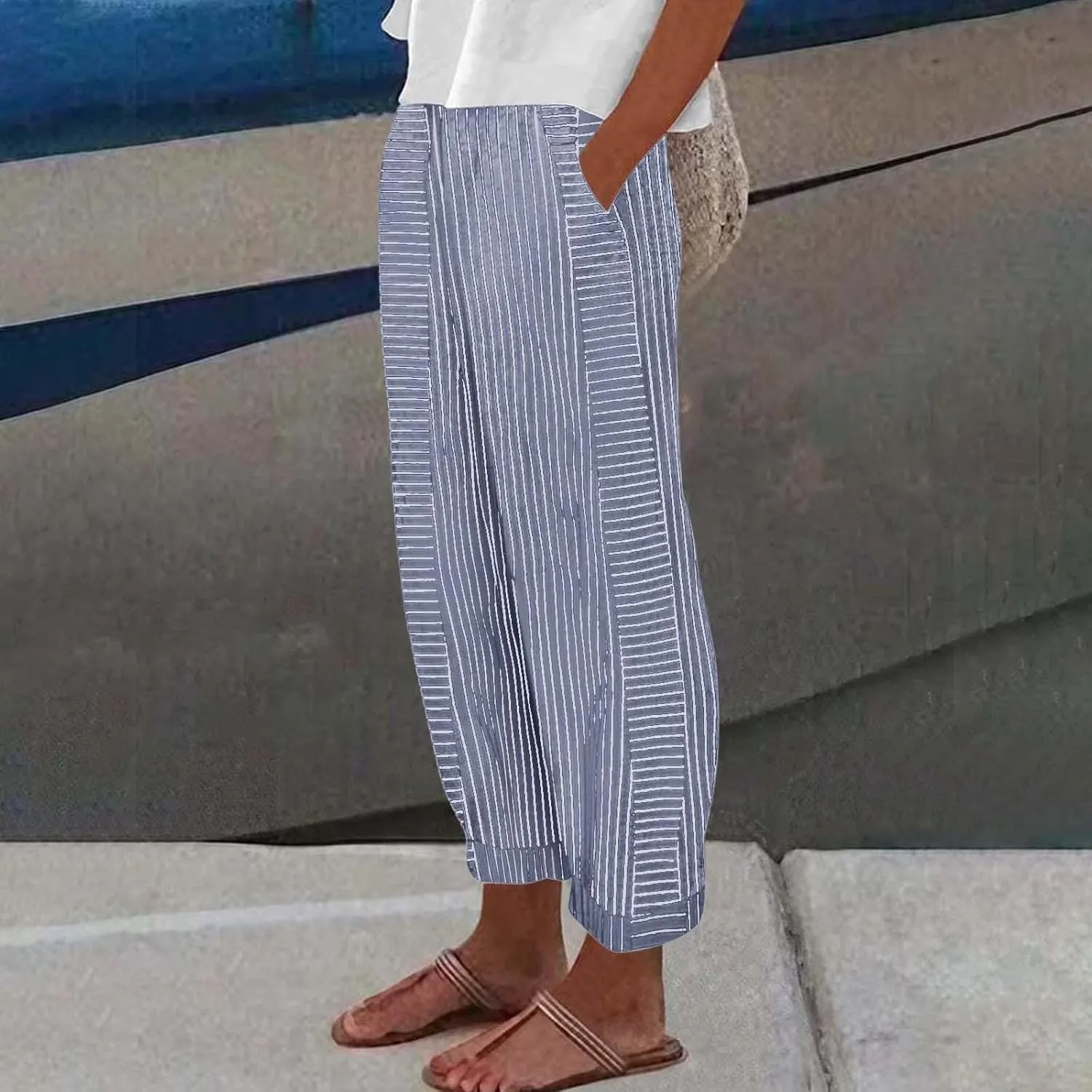 Beach Vacation Clothes for Women Elastic Waist Side Back Four Pockets 9/10 Pants Petite Summer Beachwear