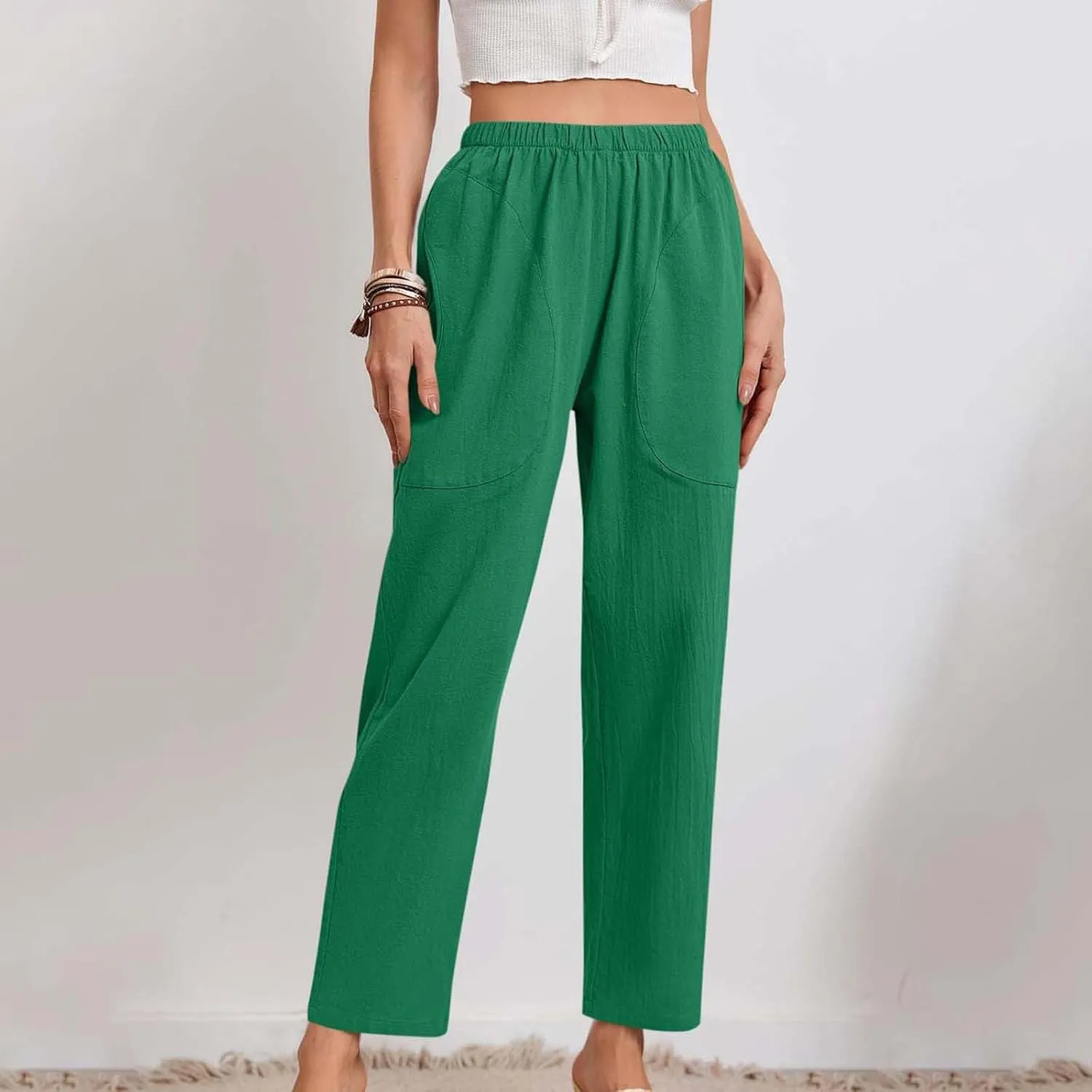 Borniu Womens Linen Pants with Pockets High Waist Comfy Solid Color Elastic Waist Pants Casual Lightweight Loose Trousers