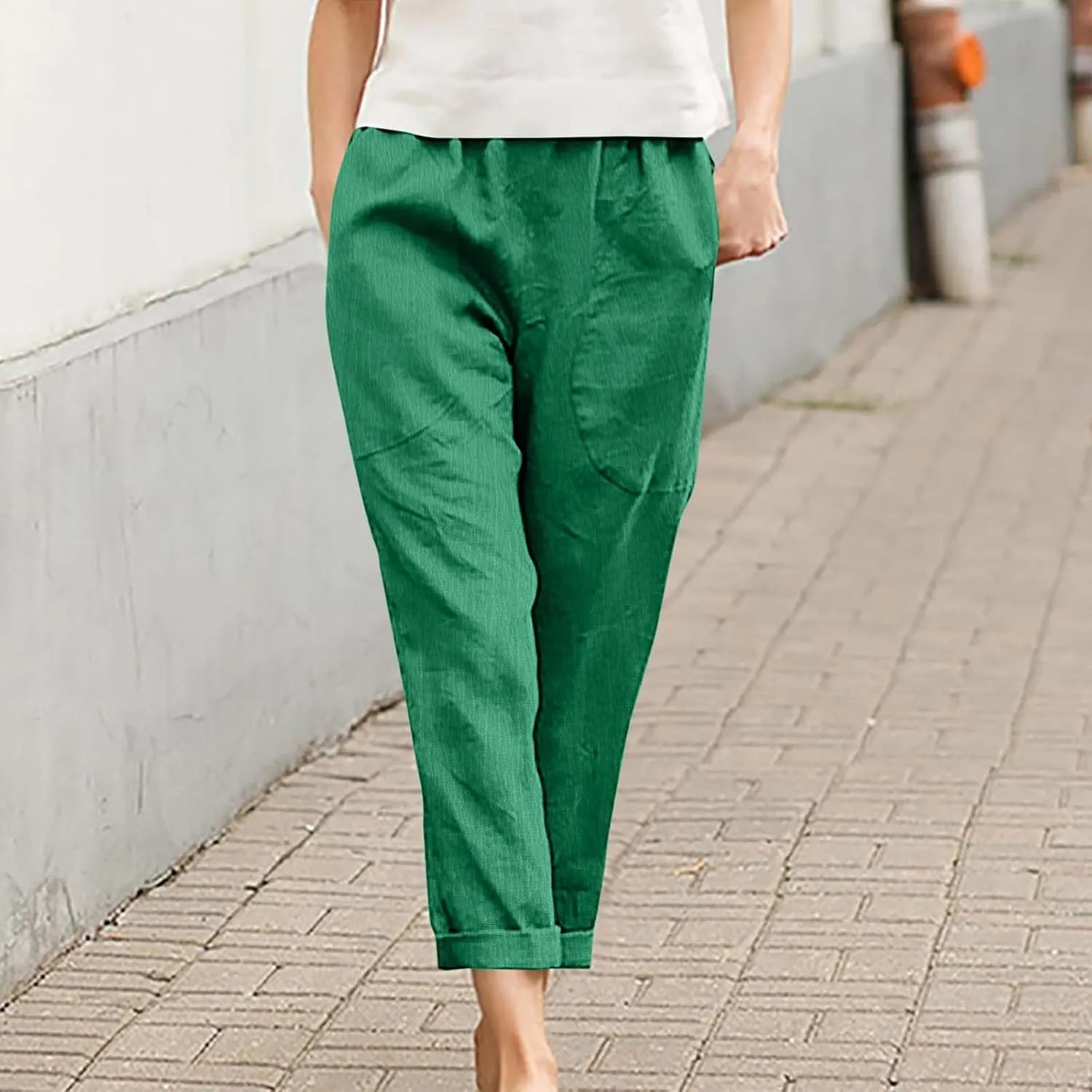 Borniu Womens Linen Pants with Pockets High Waist Comfy Solid Color Elastic Waist Pants Casual Lightweight Loose Trousers