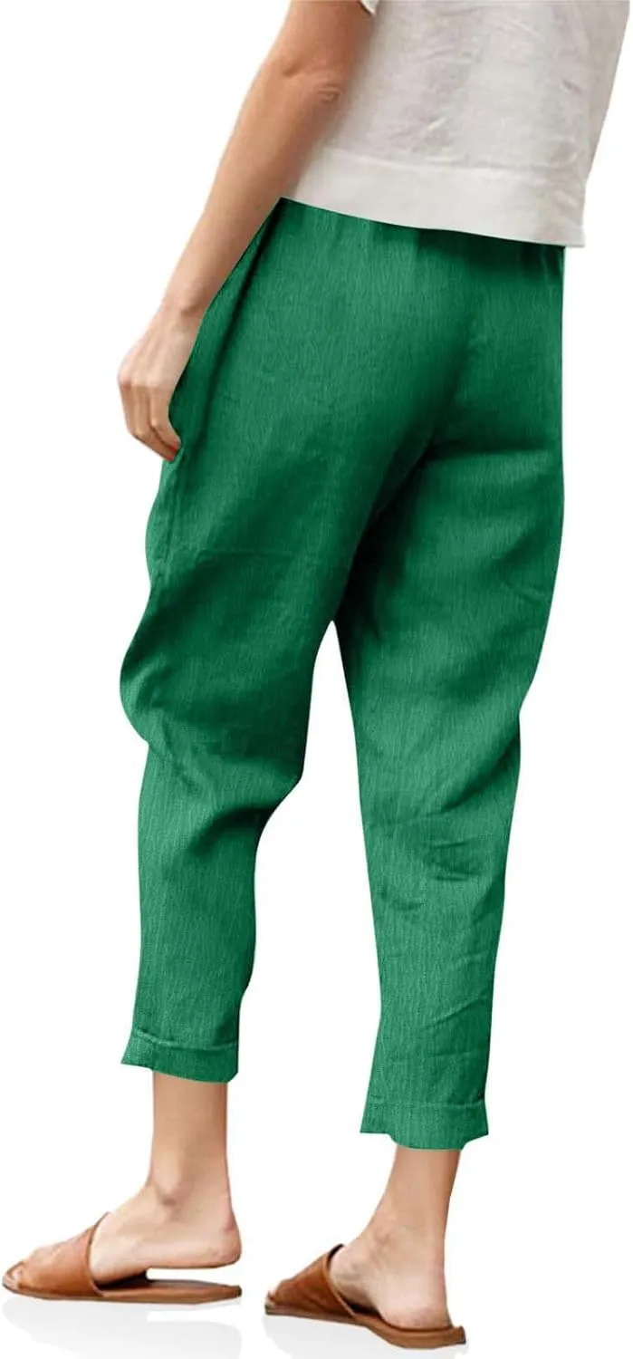 Borniu Womens Linen Pants with Pockets High Waist Comfy Solid Color Elastic Waist Pants Casual Lightweight Loose Trousers