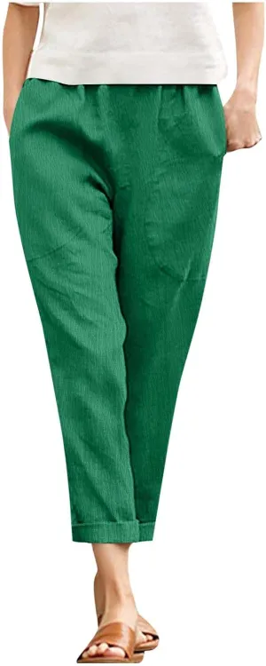 Borniu Womens Linen Pants with Pockets High Waist Comfy Solid Color Elastic Waist Pants Casual Lightweight Loose Trousers