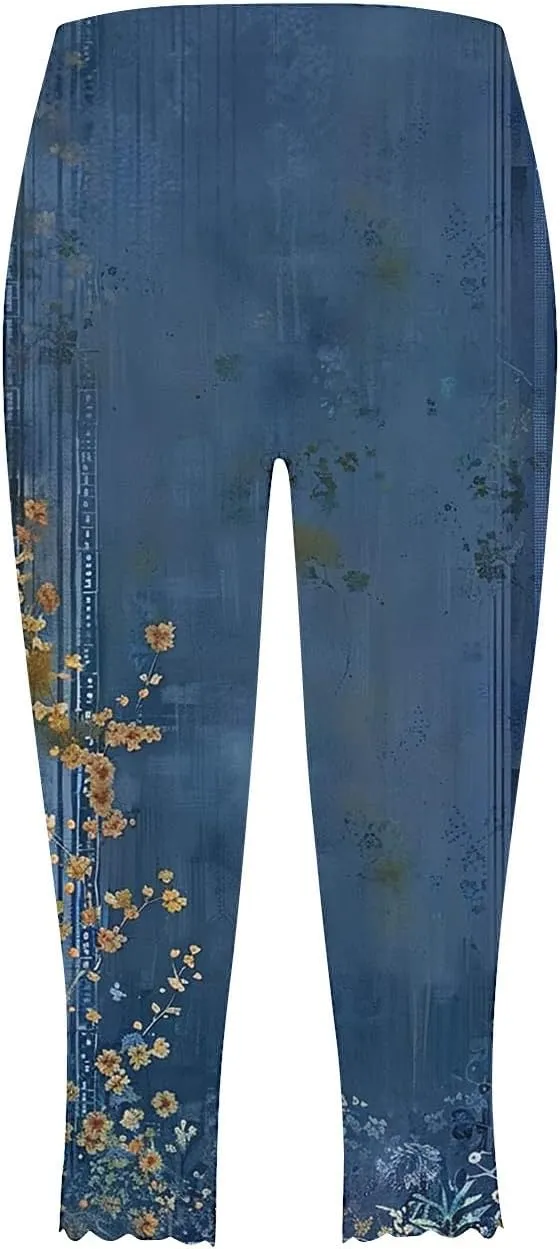 Capri Leggings for Women Floral Print High Waist Tummy Control Capris Comfy Stretch Cropped Yoga Pants Summer Outfits