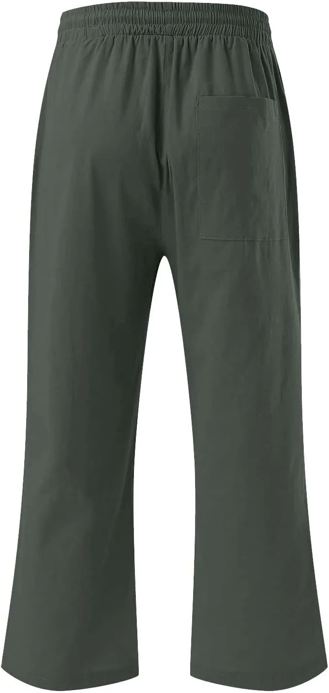 Capri Linen Pants for Women Trendy Wide Leg Palazzo Pant Summer Flowy Beach Pant Drawstring High Waist Casual Trousers