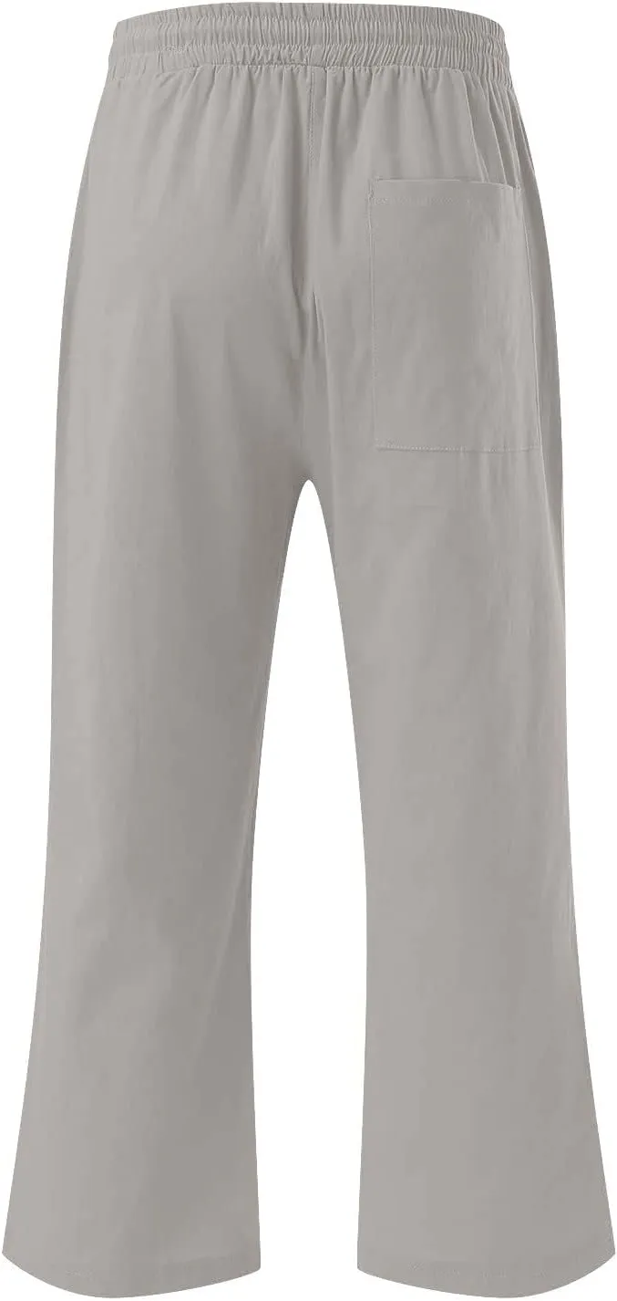 Capri Linen Pants for Women Trendy Wide Leg Palazzo Pant Summer Flowy Beach Pant Drawstring High Waist Casual Trousers