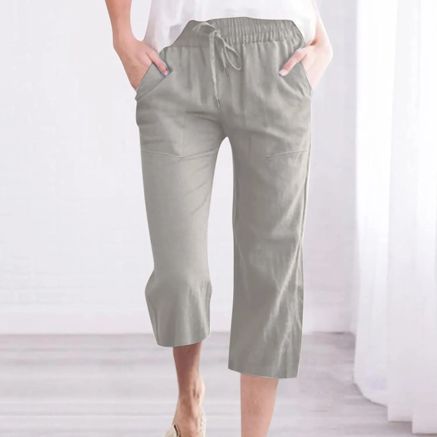 Capri Linen Pants for Women Trendy Wide Leg Palazzo Pant Summer Flowy Beach Pant Drawstring High Waist Casual Trousers