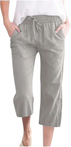 Capri Linen Pants for Women Trendy Wide Leg Palazzo Pant Summer Flowy Beach Pant Drawstring High Waist Casual Trousers