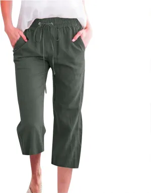Capri Linen Pants for Women Trendy Wide Leg Palazzo Pant Summer Flowy Beach Pant Drawstring High Waist Casual Trousers