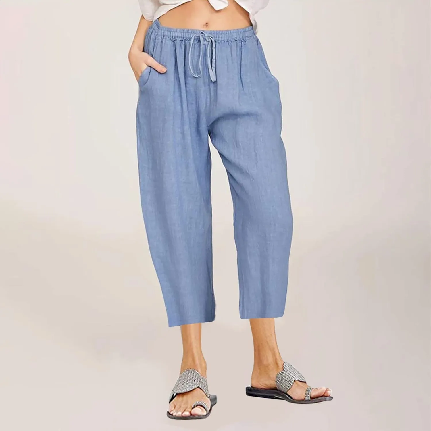 Capri Pants for Women Casual 2025 Summer Drawstring Capris Cotton Linen Pant Straight Wide Leg Cropped Trousers