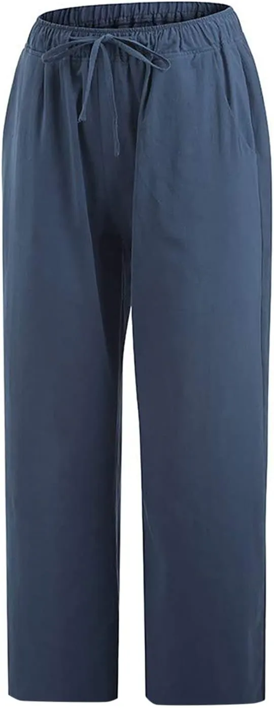 Capri Pants for Women Casual 2025 Summer Drawstring Capris Cotton Linen Pant Straight Wide Leg Cropped Trousers