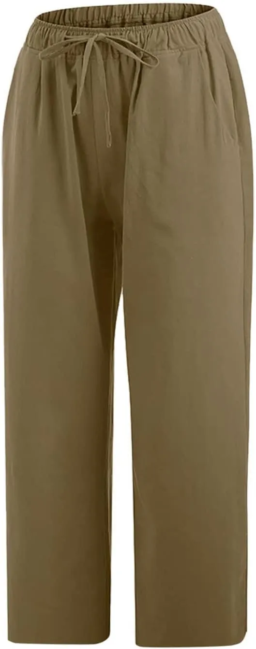 Capri Pants for Women Casual 2025 Summer Drawstring Capris Cotton Linen Pant Straight Wide Leg Cropped Trousers