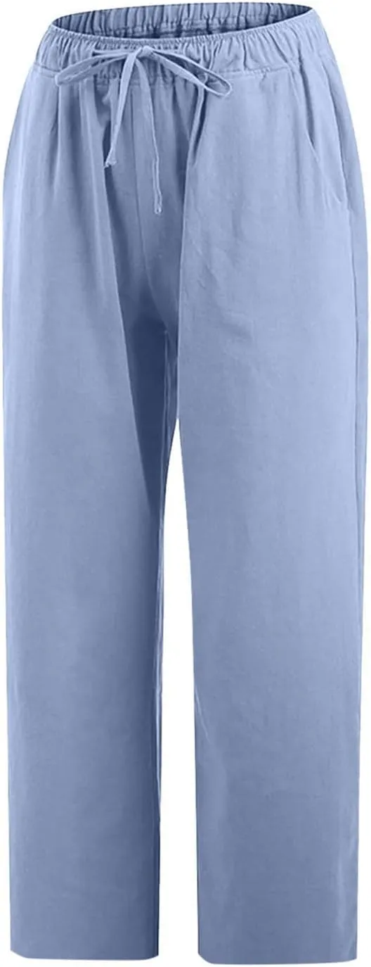 Capri Pants for Women Casual 2025 Summer Drawstring Capris Cotton Linen Pant Straight Wide Leg Cropped Trousers