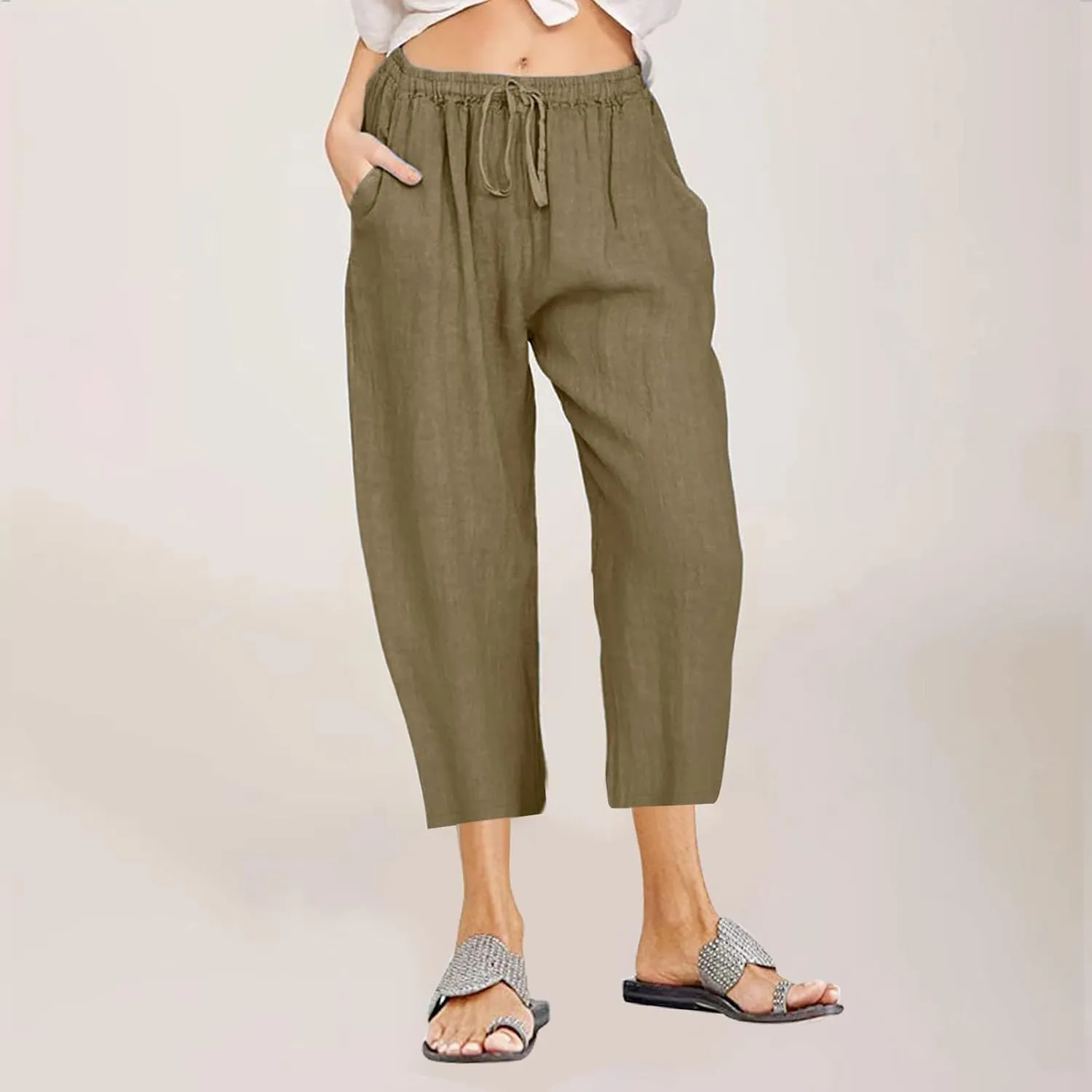 Capri Pants for Women Casual 2025 Summer Drawstring Capris Cotton Linen Pant Straight Wide Leg Cropped Trousers