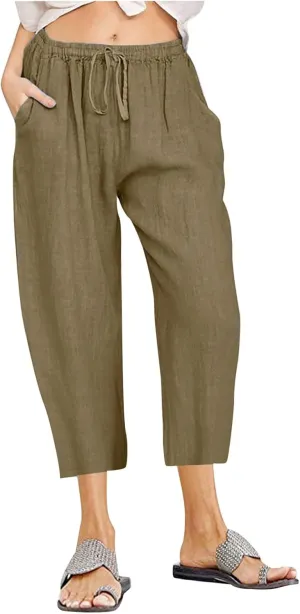 Capri Pants for Women Casual 2025 Summer Drawstring Capris Cotton Linen Pant Straight Wide Leg Cropped Trousers