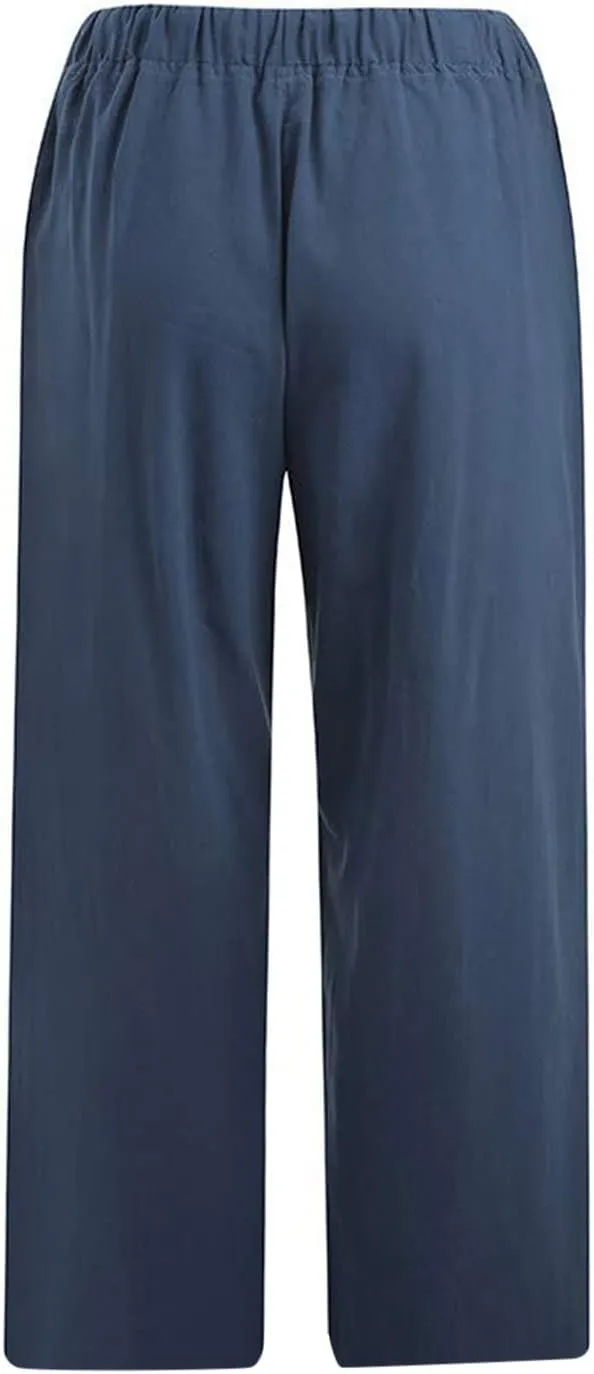 Capri Pants for Women Casual 2025 Summer Drawstring Capris Cotton Linen Pant Straight Wide Leg Cropped Trousers