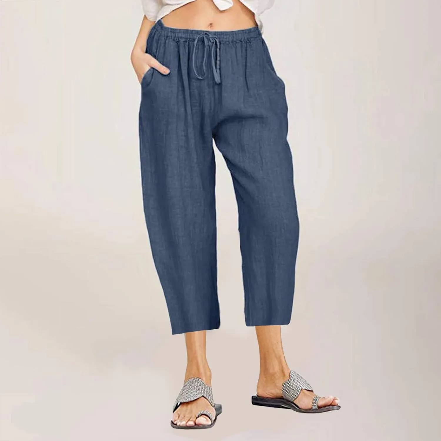 Capri Pants for Women Casual 2025 Summer Drawstring Capris Cotton Linen Pant Straight Wide Leg Cropped Trousers