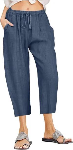 Capri Pants for Women Casual 2025 Summer Drawstring Capris Cotton Linen Pant Straight Wide Leg Cropped Trousers