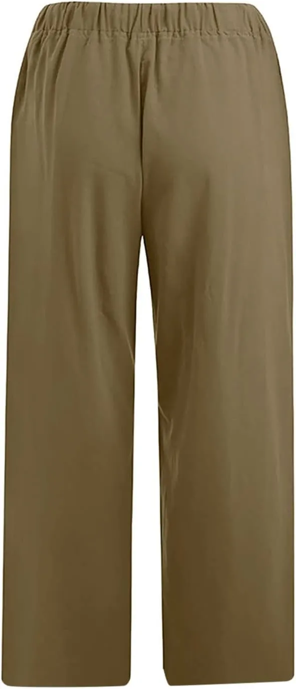 Capri Pants for Women Casual 2025 Summer Drawstring Capris Cotton Linen Pant Straight Wide Leg Cropped Trousers