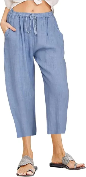 Capri Pants for Women Casual 2025 Summer Drawstring Capris Cotton Linen Pant Straight Wide Leg Cropped Trousers