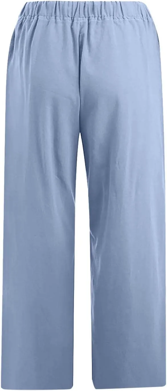 Capri Pants for Women Casual 2025 Summer Drawstring Capris Cotton Linen Pant Straight Wide Leg Cropped Trousers