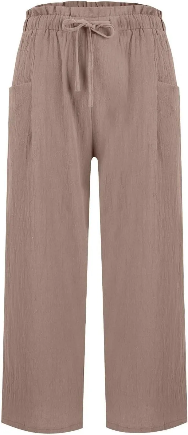 Capri Pants for Women Casual 2025 Summer Linen Pants Drawstring Elastic High Waist Wide Leg Lounge Cropped Trousers