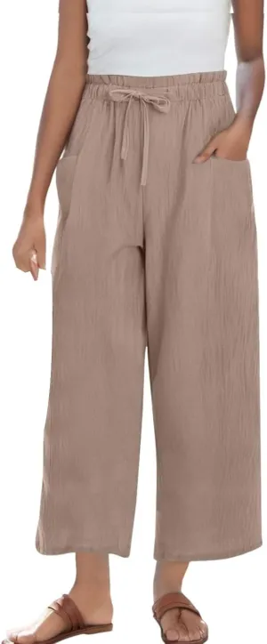 Capri Pants for Women Casual 2025 Summer Linen Pants Drawstring Elastic High Waist Wide Leg Lounge Cropped Trousers