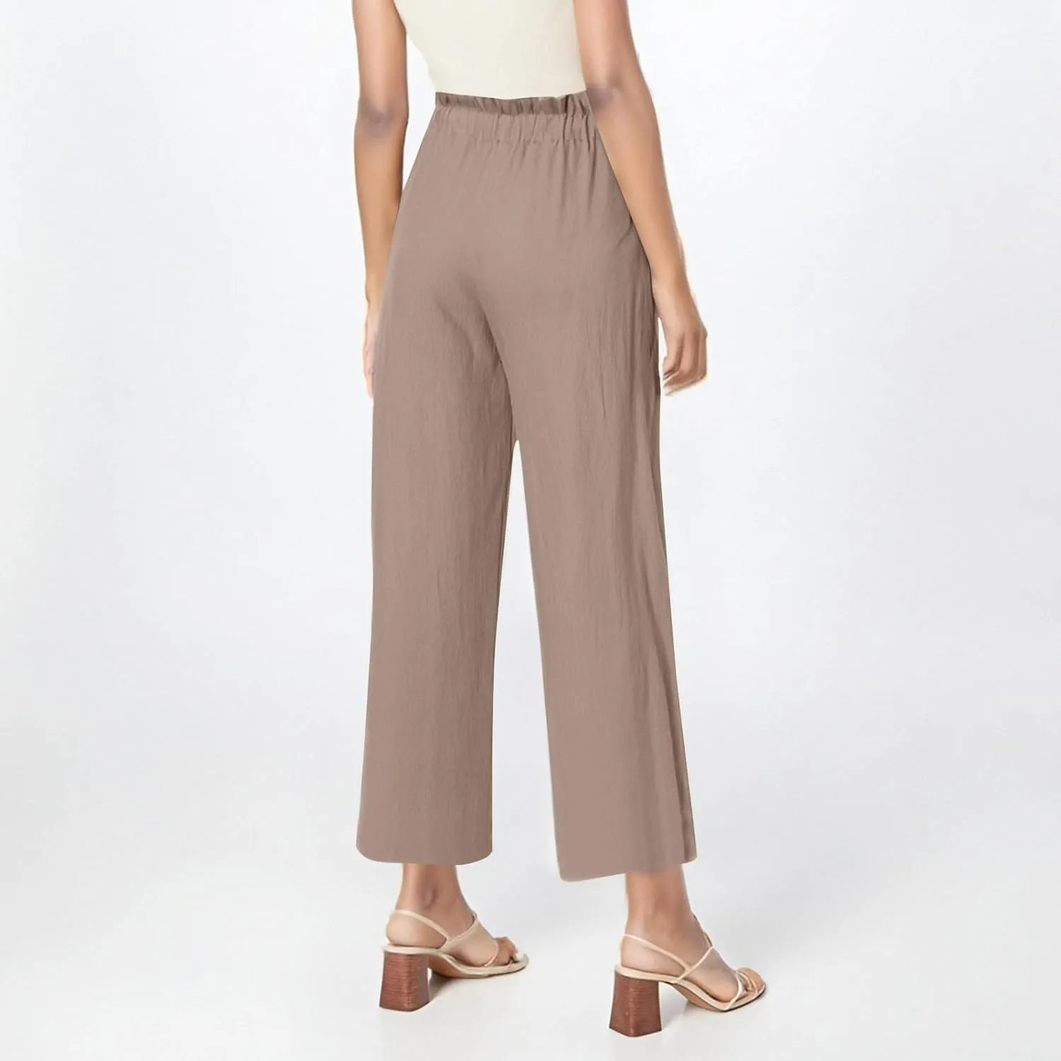 Capri Pants for Women Casual 2025 Summer Linen Pants Drawstring Elastic High Waist Wide Leg Lounge Cropped Trousers