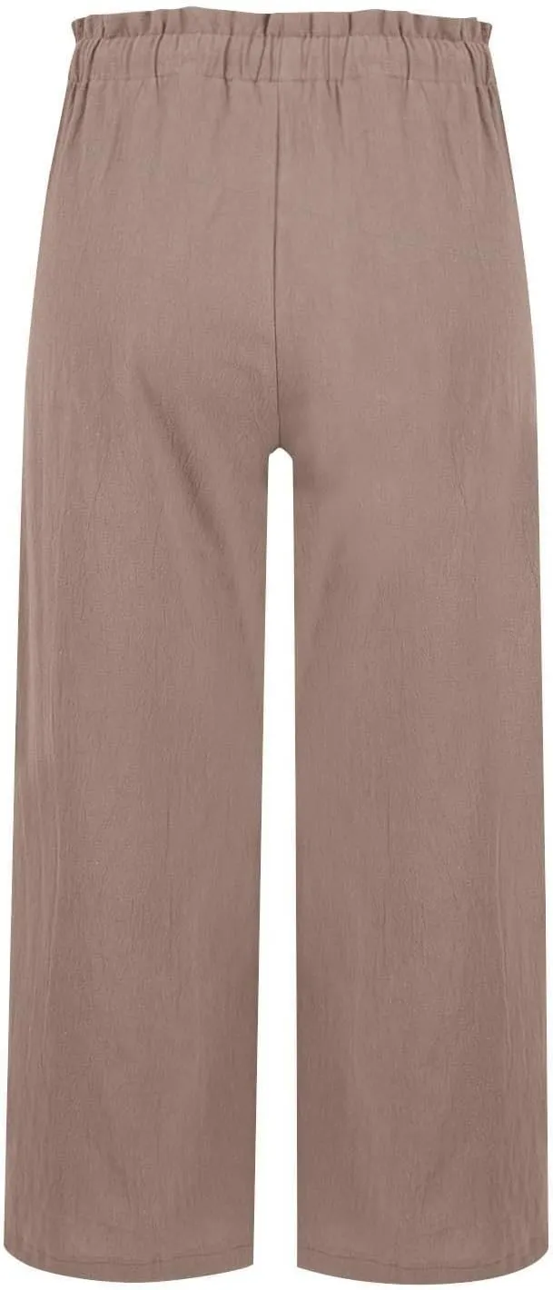 Capri Pants for Women Casual 2025 Summer Linen Pants Drawstring Elastic High Waist Wide Leg Lounge Cropped Trousers