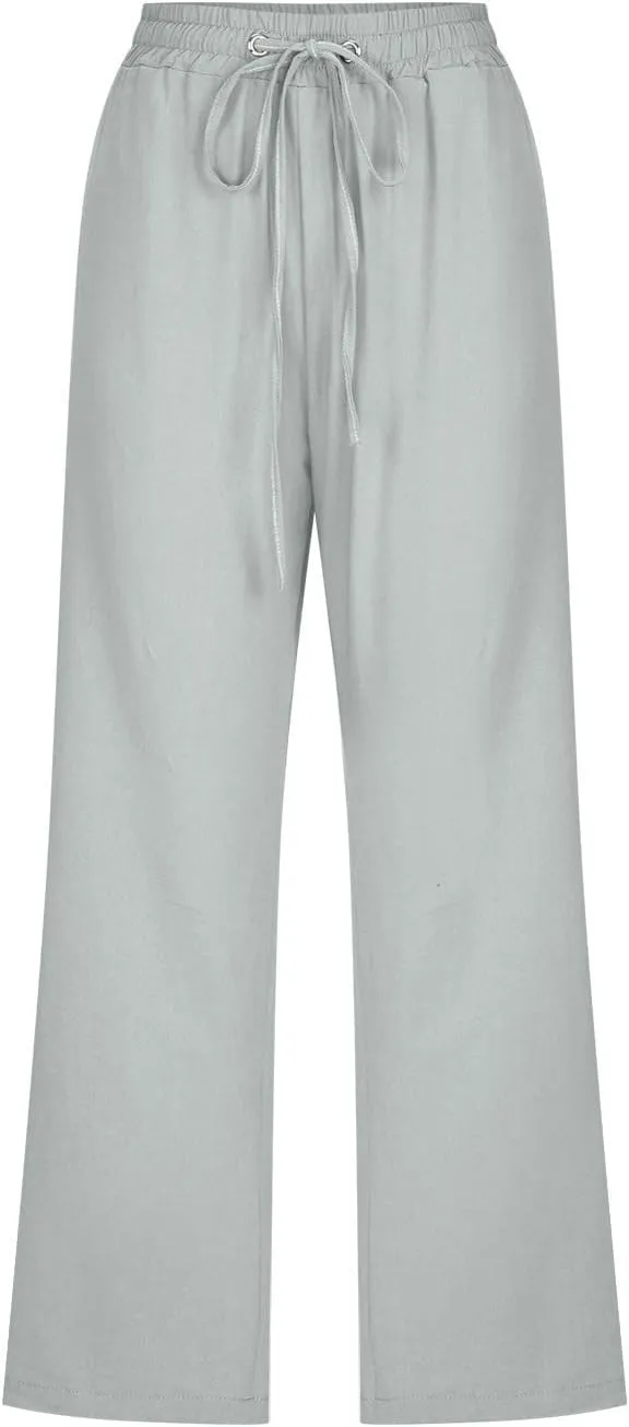 Capri Pants for Women Casual Summer Cotton Linen Cropped Pant Elastic High Waist Capris Straight Leg Lounge Trouser