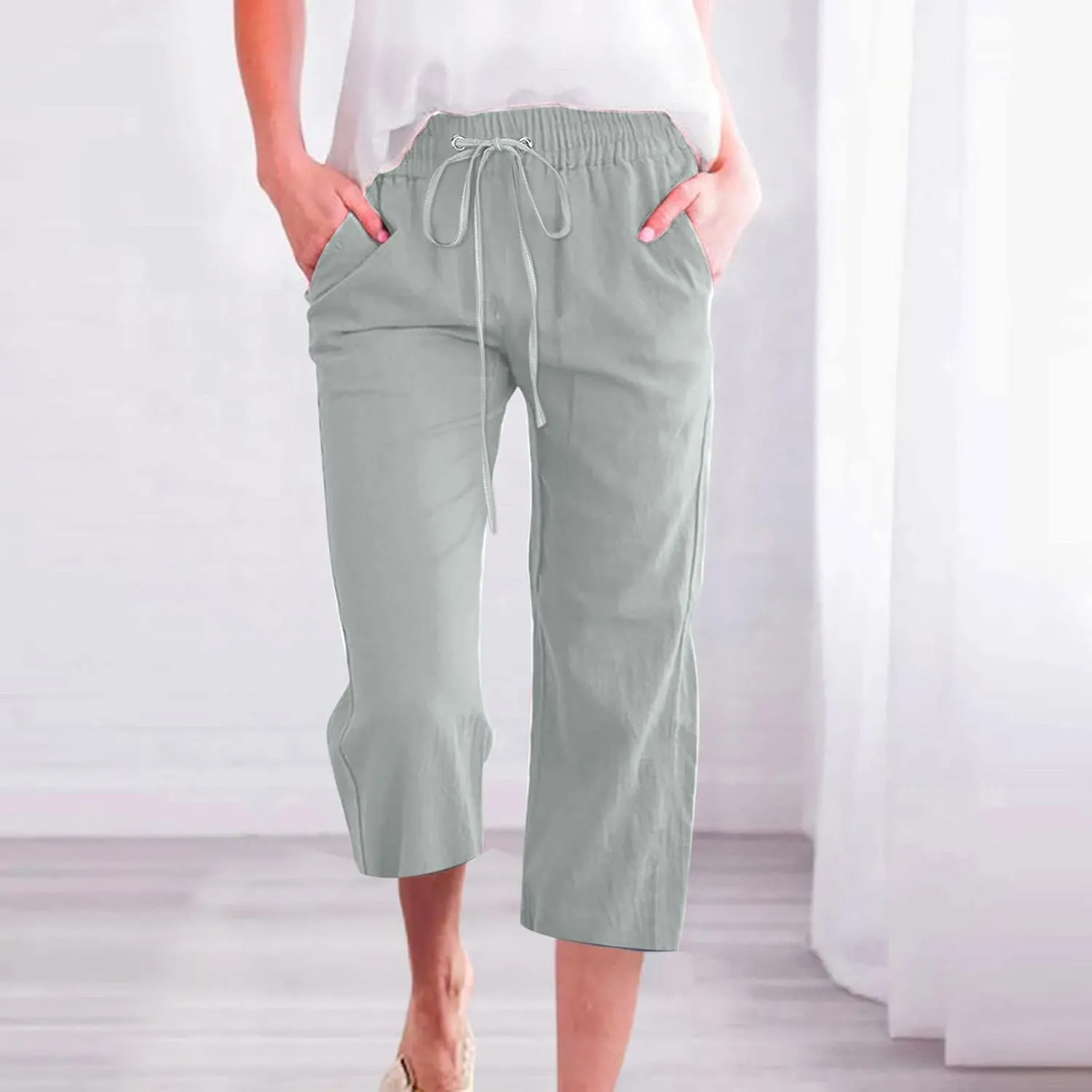 Capri Pants for Women Casual Summer Cotton Linen Cropped Pant Elastic High Waist Capris Straight Leg Lounge Trouser