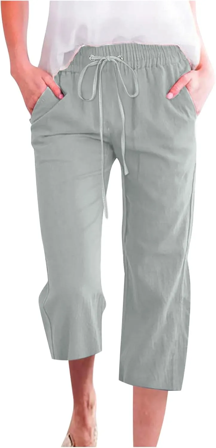 Capri Pants for Women Casual Summer Cotton Linen Cropped Pant Elastic High Waist Capris Straight Leg Lounge Trouser