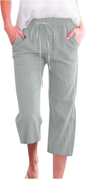 Capri Pants for Women Casual Summer Cotton Linen Cropped Pant Elastic High Waist Capris Straight Leg Lounge Trouser