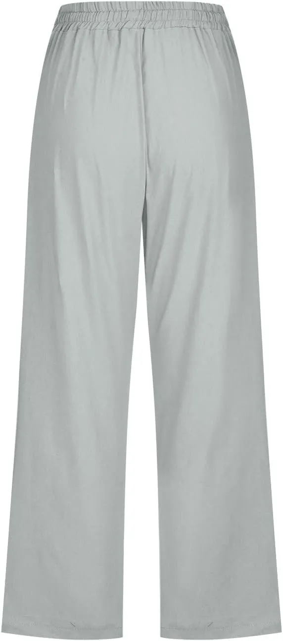 Capri Pants for Women Casual Summer Cotton Linen Cropped Pant Elastic High Waist Capris Straight Leg Lounge Trouser