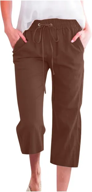 Capri Pants for Women Casual Summer Cotton Linen Cropped Trouser Drawstring Elastic Waist Pant Pocket Wide Leg Capris