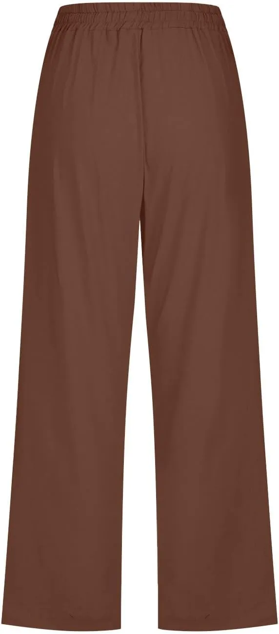 Capri Pants for Women Casual Summer Cotton Linen Cropped Trouser Drawstring Elastic Waist Pant Pocket Wide Leg Capris