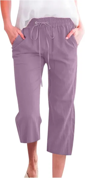 Capri Pants for Women Casual Summer Cotton Linen Cropped Trouser Drawstring Elastic Waist Pant Pocket Wide Leg Capris