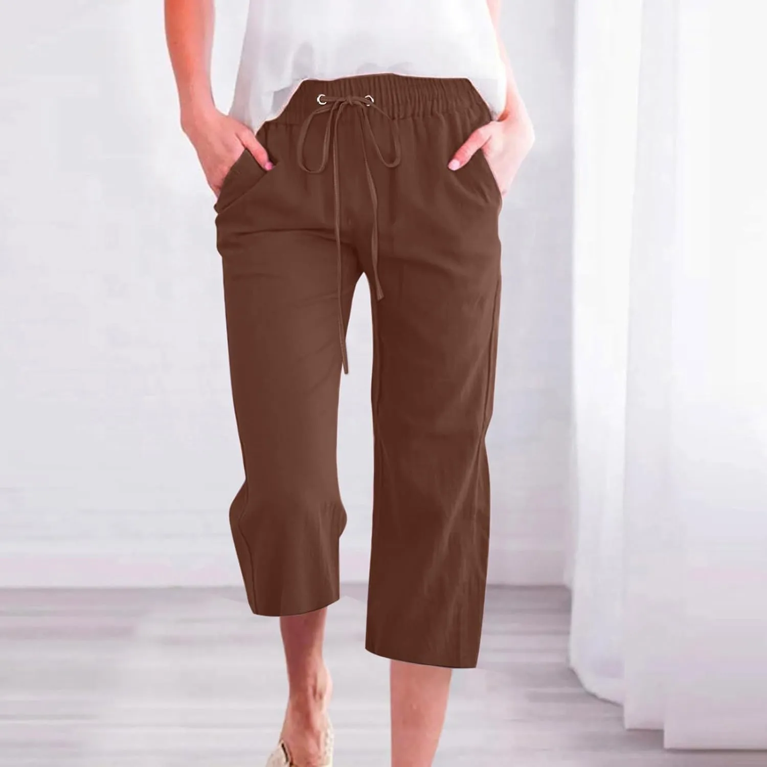 Capri Pants for Women Casual Summer Cotton Linen Cropped Trouser Drawstring Elastic Waist Pant Pocket Wide Leg Capris