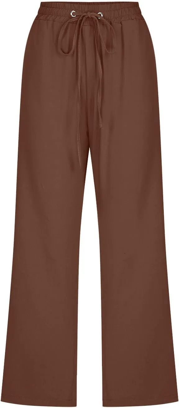 Capri Pants for Women Casual Summer Cotton Linen Cropped Trouser Drawstring Elastic Waist Pant Pocket Wide Leg Capris