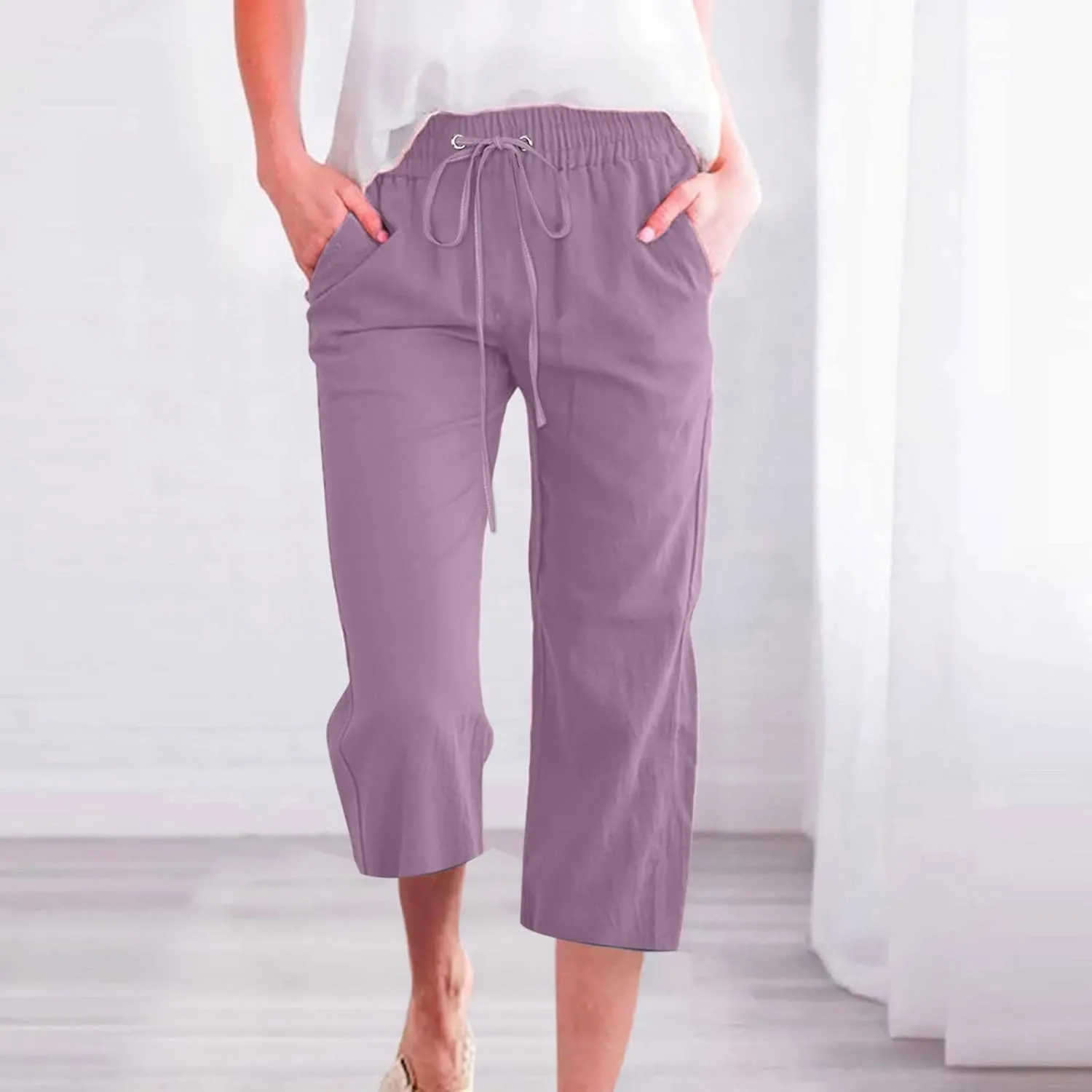 Capri Pants for Women Casual Summer Cotton Linen Cropped Trouser Drawstring Elastic Waist Pant Pocket Wide Leg Capris