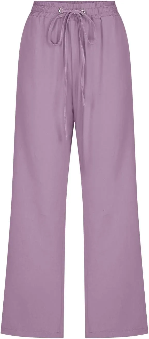 Capri Pants for Women Casual Summer Cotton Linen Cropped Trouser Drawstring Elastic Waist Pant Pocket Wide Leg Capris